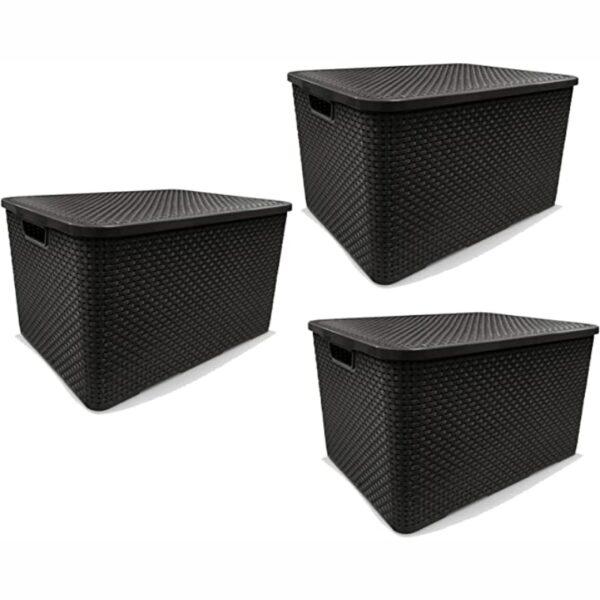 Kit 3 Caixas Organizadora Rattan Com Tampa 20 Litros Preto Arqplast