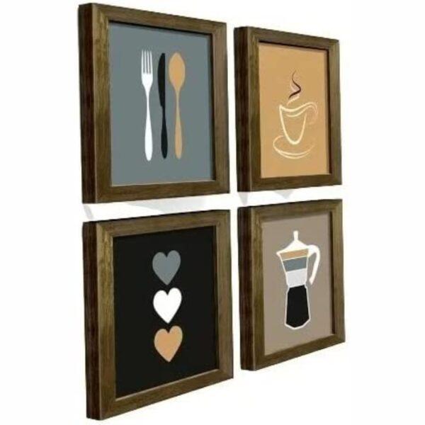 Kit 4 Quadros Decorativos Objetos Café Xícara Cozinha Cantina Copa